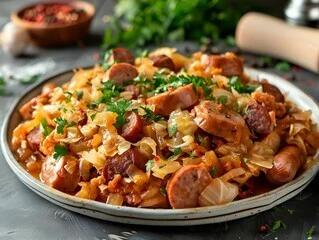 "Delicious and hearty cabbage and sausage recipe with vegetables and savory sausage"