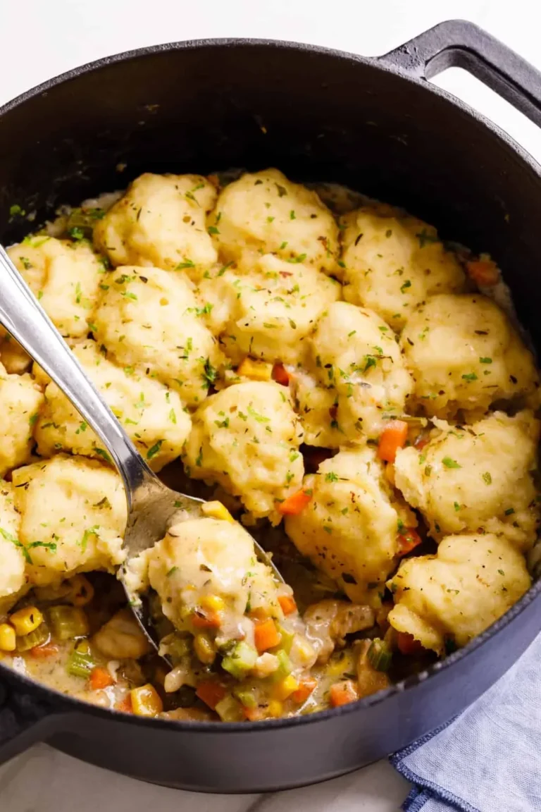 "Soft and fluffy Bisquick dumplings served in a warm soup"