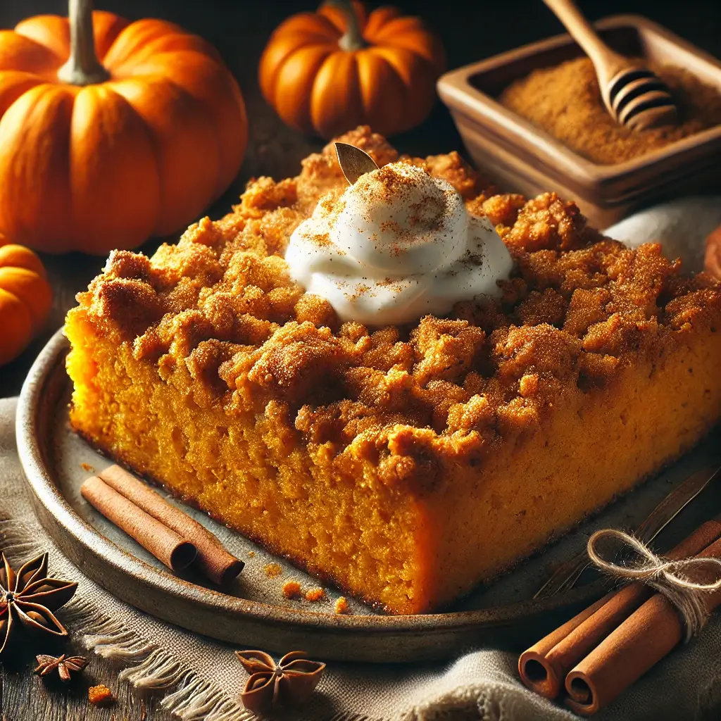 Pumpkin dump cake with golden topping and whipped cream, styled for fall.