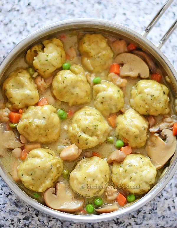 "Fluffy Bisquick dumplings in soup"