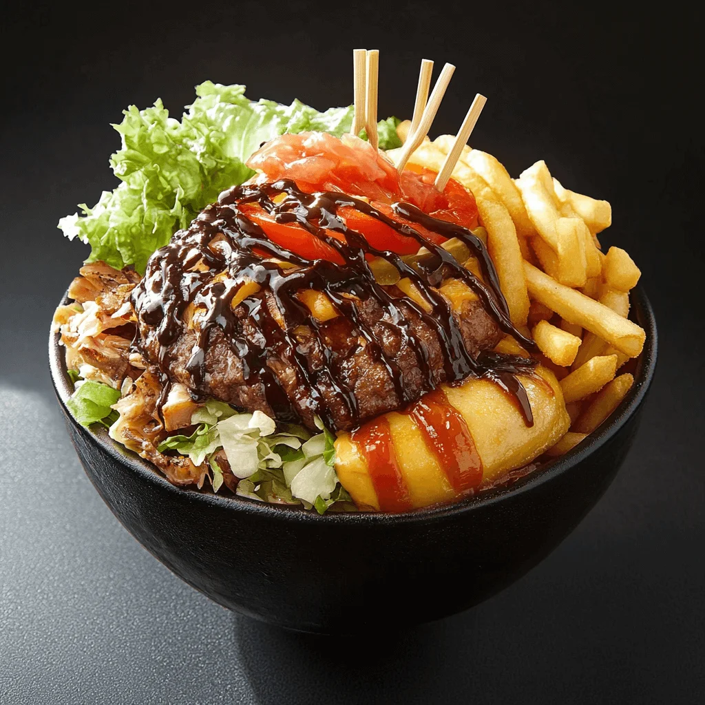 "Delicious Burger Bowl with Fresh Veggies and Toppings"