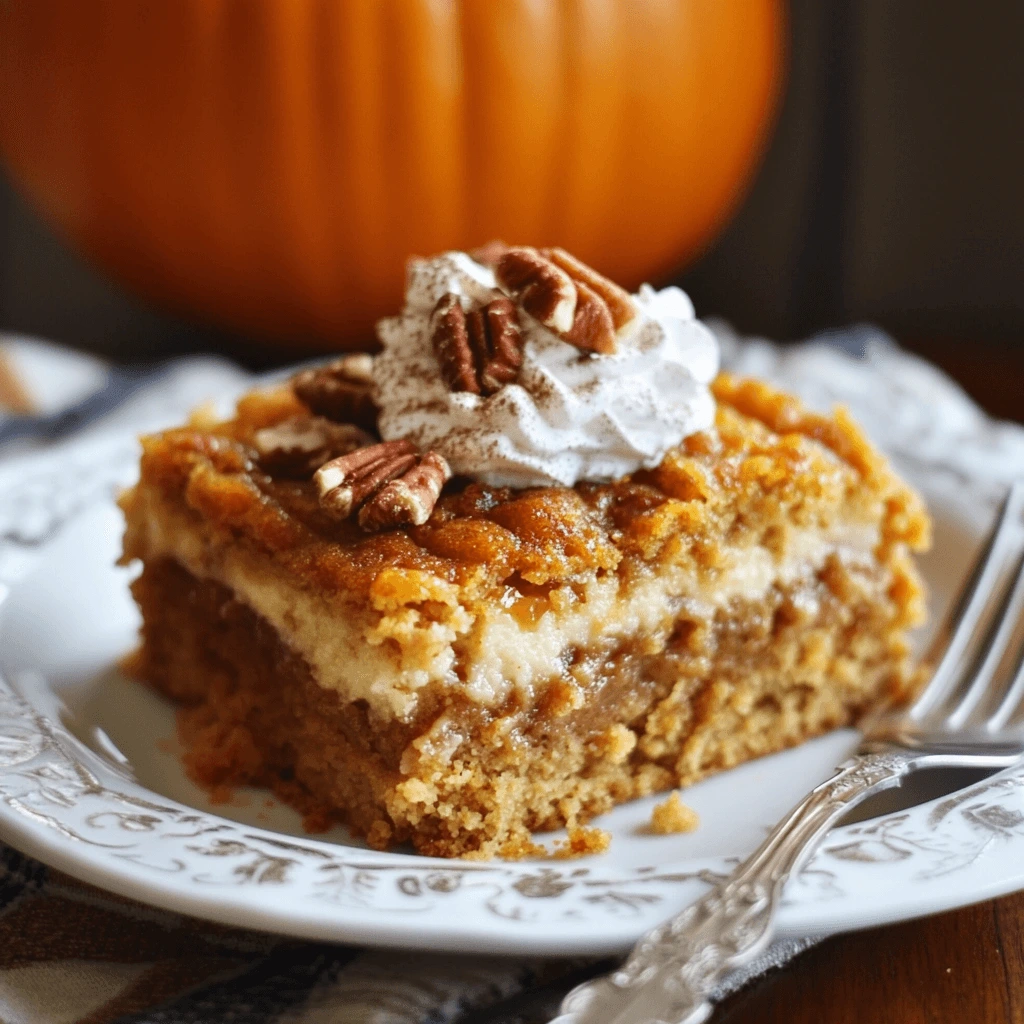 Pumpkin dump cake with a golden, crisp topping and spiced pumpkin filling.