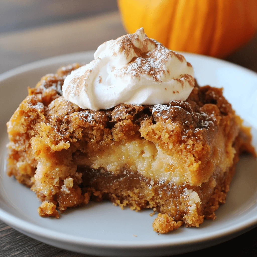 Pumpkin dump cake with a golden topping and whipped cream, surrounded by fall decor