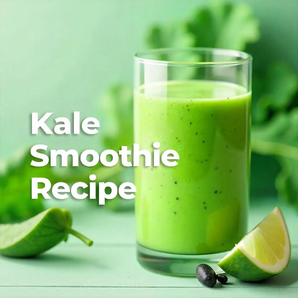  "Vibrant green kale smoothie in tall glass with fresh ingredients on wooden table"