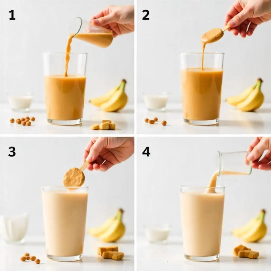 "Design a 4-panel step-by-step visual showing the smoothie-making process: 1) Adding liquid to blender, 2) Adding peanut butter, 3) Adding frozen banana pieces, 4) The final blended smoothie being poured into a glass. Each panel is clean and well-lit with consistent styling. This works perfectly for social media sharing and recipe tutorials."
