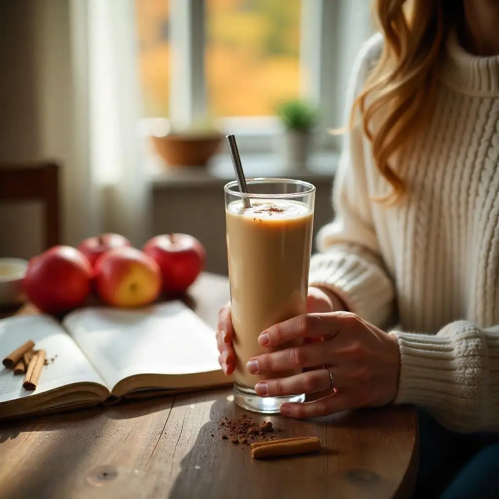 "Woman in cozy sweater holding apple cinnamon smoothie on autumn morning"