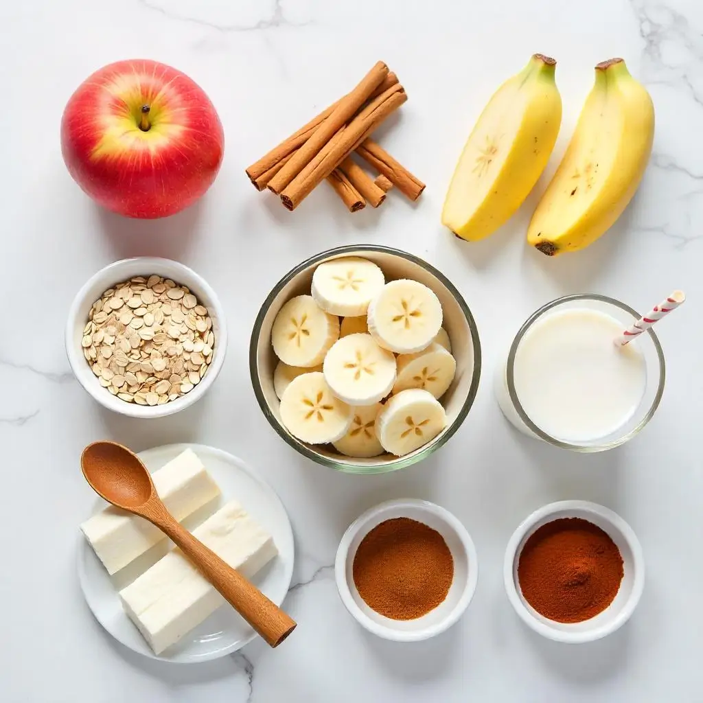 "All ingredients for apple cinnamon smoothie arranged on marble background including apples, oats, and spices"