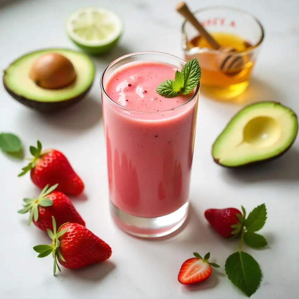 "Woman enjoying pink strawberry avocado smoothie in bright modern kitchen - healthy breakfast smoothie lifestyle shot"