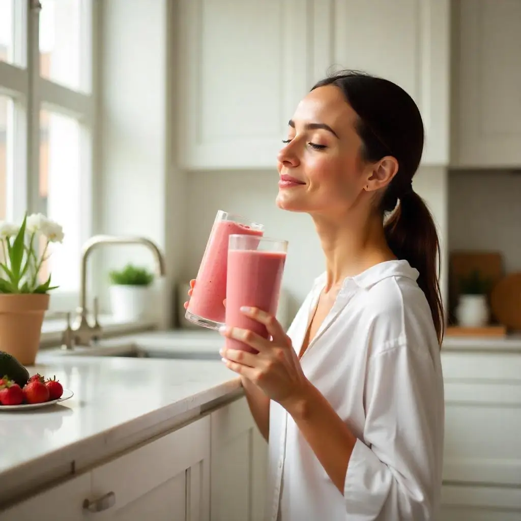 "Healthy strawberry avocado smoothie for breakfast - woman drinking pink smoothie in kitchen for weight loss and wellness"