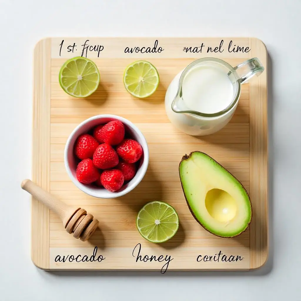 "Strawberry avocado smoothie ingredients laid out on wooden cutting board - frozen strawberries, avocado, honey, lime, and milk for easy 5-minute recipe"