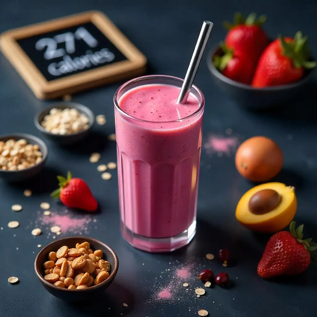 "Strawberry avocado smoothie nutrition facts visual - 271 calories with fiber, healthy fats, and protein benefits for weight loss"