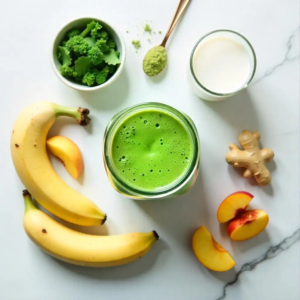 "Kale smoothie recipe ingredients flat lay - kale, banana, peach, ginger"