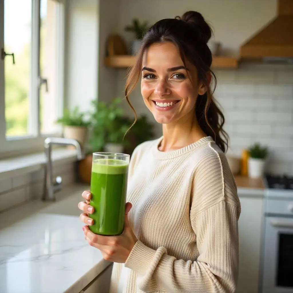 "Woman holding healthy kale breakfast smoothie in modern kitchen"
