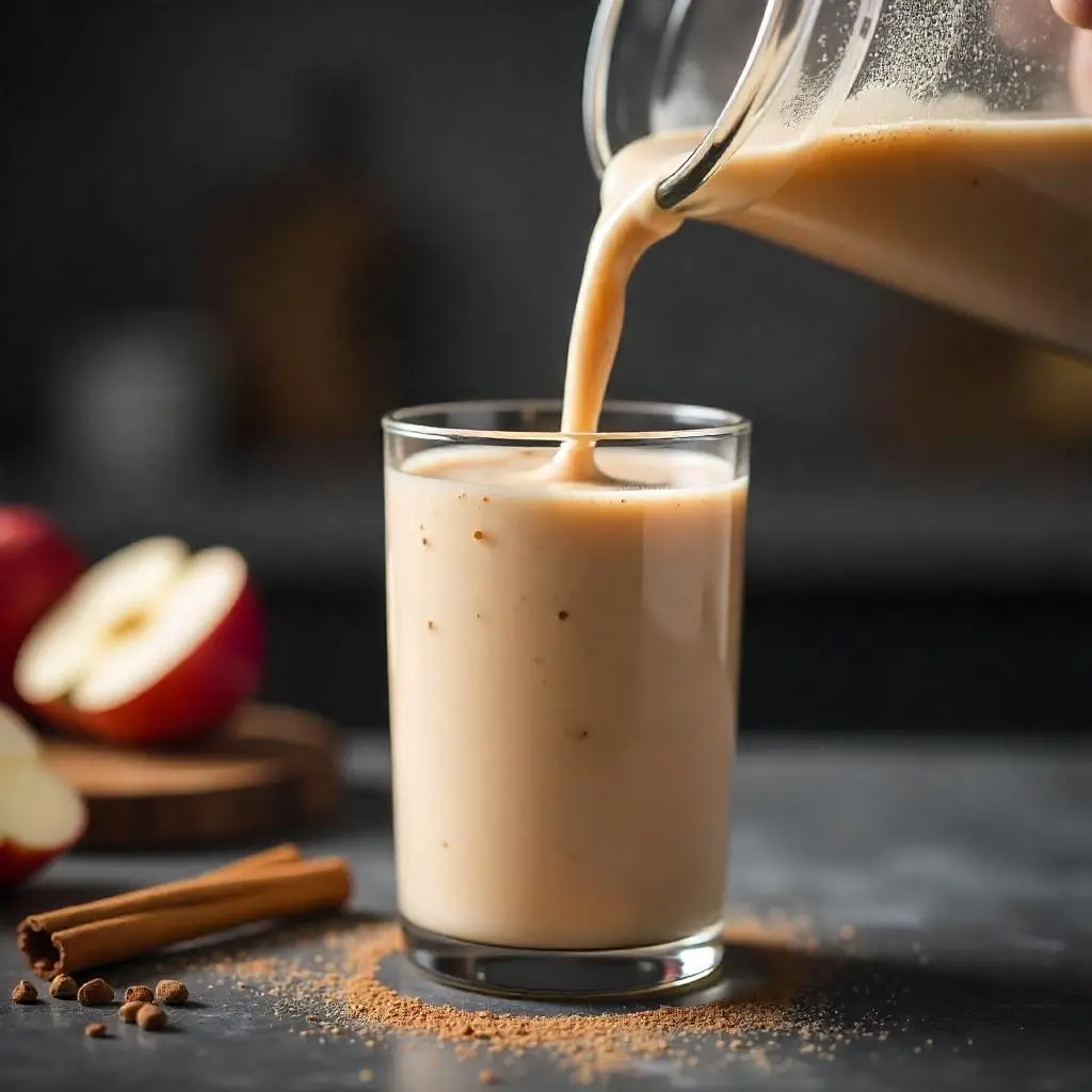 "Close-up of creamy apple cinnamon smoothie being poured from blender into glass showing perfect texture"