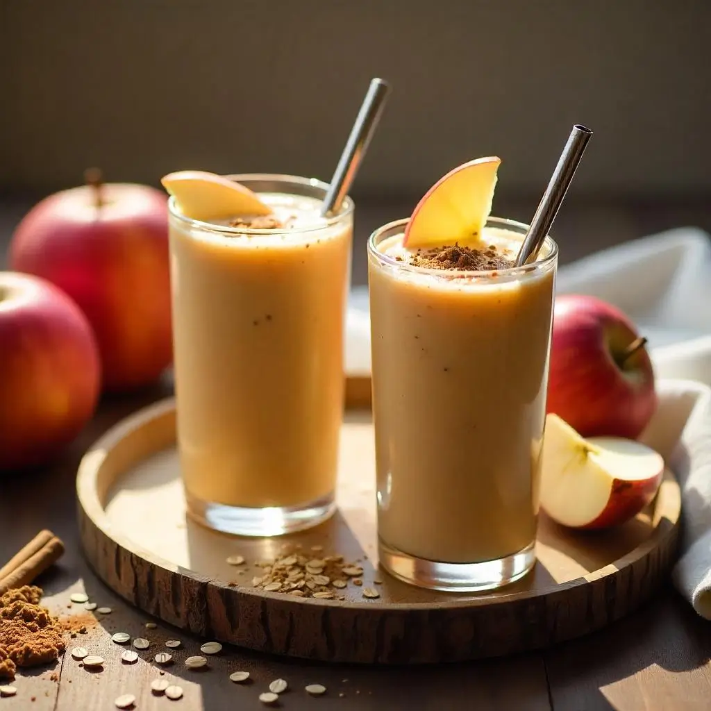 "Two styled glasses of apple cinnamon smoothie on wooden tray with fresh apple garnish and cinnamon sticks"