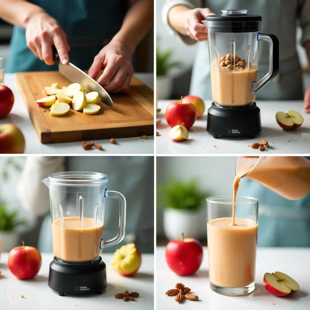 "Four-step process showing how to make apple cinnamon smoothie from chopping to blending to pouring"
