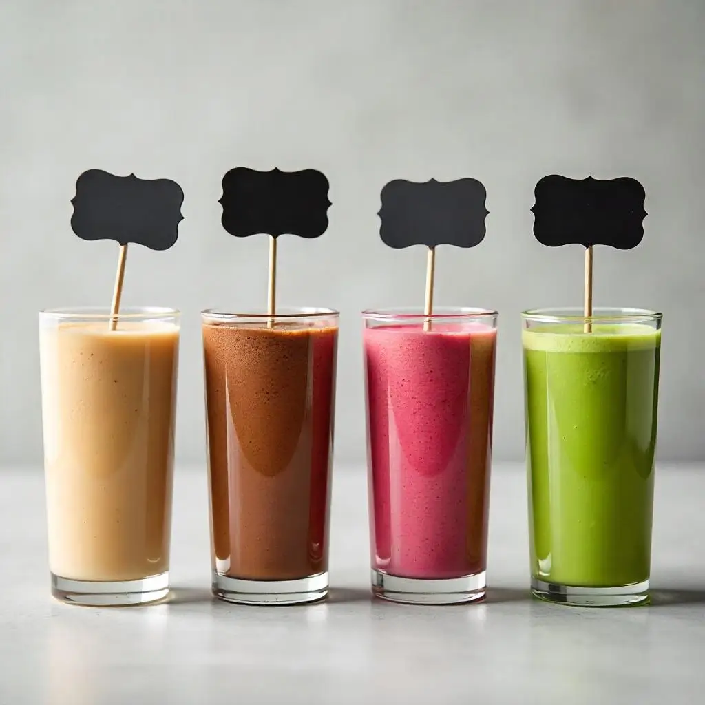 "Photograph 4 different smoothie variations in identical glasses arranged in a row: the classic peanut butter banana, one with cocoa powder (chocolate version), one with added berries (pink-tinted), and one with spinach (light green). Each glass is labeled with small chalkboard signs. The background is neutral, and lighting is consistent across all glasses, showcasing the versatility of the base recipe."