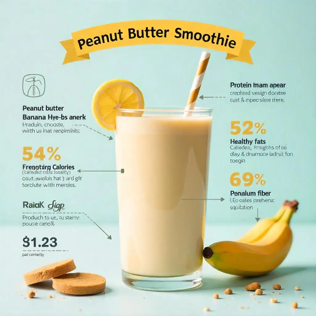 "Create an attractive infographic showing the health benefits of the peanut butter banana smoothie. Include icons and statistics for protein content, healthy fats, potassium, fiber, and calories. Use a modern color scheme with soft blues and warm golds. The design should be informative yet visually appealing, suitable for Pinterest and health-focused content sharing."