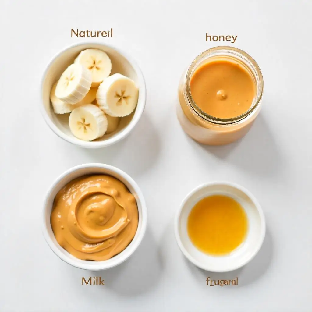 "Create a clean, organized flat lay of all the smoothie ingredients on a white background: frozen banana slices in a small bowl, a jar of natural peanut butter with the lid off, a glass of milk (or plant-based alternative), and a small dish of optional honey. Each ingredient is clearly labeled with small, elegant text overlay. The composition is perfectly symmetrical and minimalist, perfect for a recipe card or ingredient section."