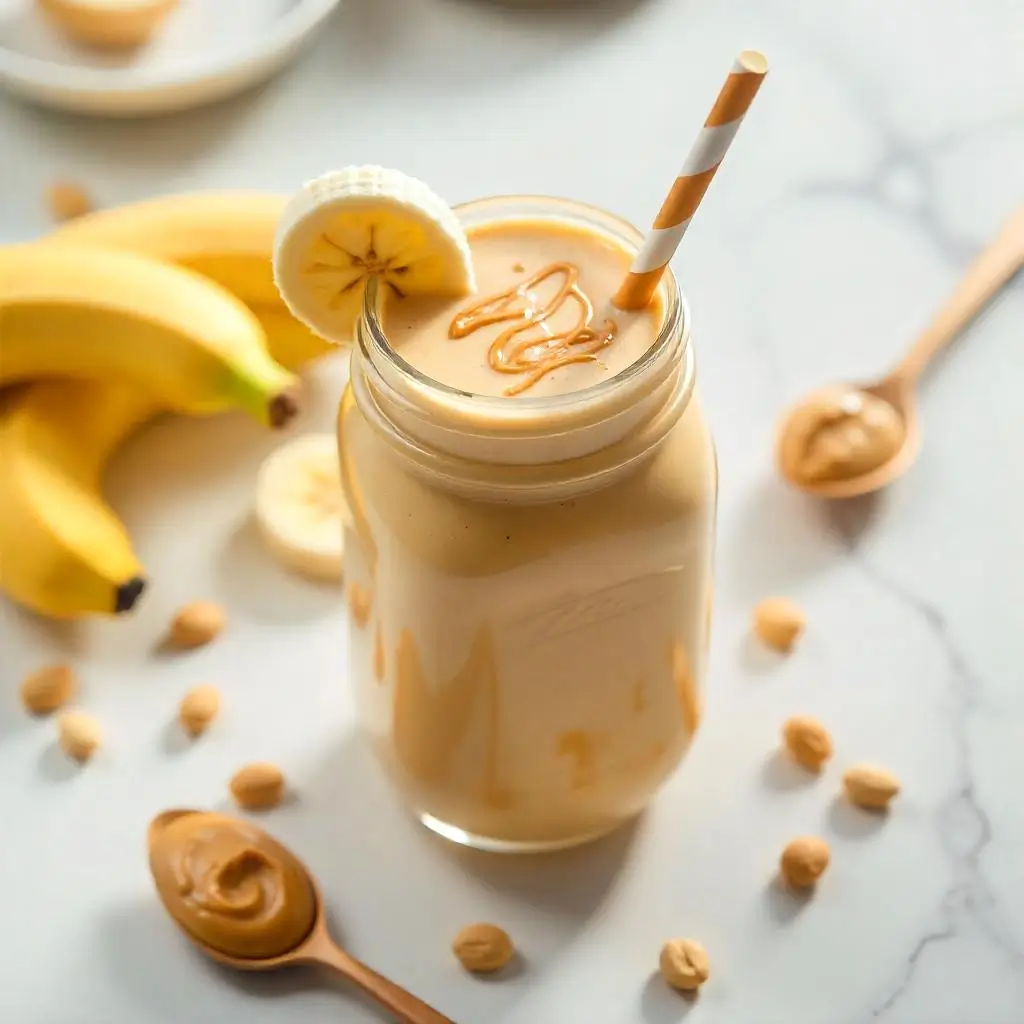 "Photograph a healthy breakfast scene featuring two peanut butter banana smoothies in clear glasses on a rustic wooden table. One person's hands are visible holding one of the glasses, about to take a sip. The scene includes fresh bananas, an open jar of natural peanut butter with a wooden spoon, and scattered almonds. Morning sunlight streams through a nearby window, creating warm, golden lighting. The mood is cozy and inviting, suggesting a perfect healthy morning routine. The colors are warm and natural with a lifestyle blog aesthetic."