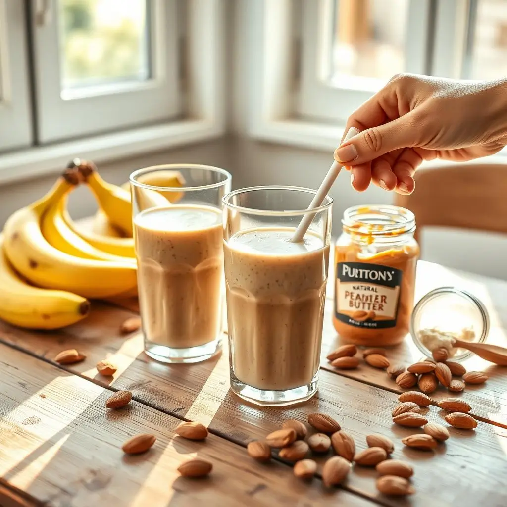 "Creamy peanut butter banana smoothie in mason jar with banana slice garnish and peanut butter drizzle on white marble counter"