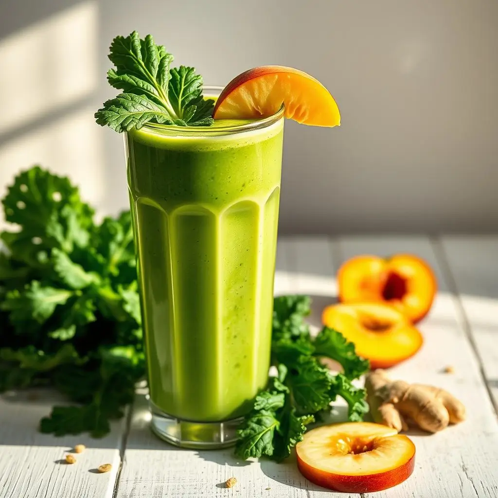 "Vibrant green kale smoothie in tall glass with fresh ingredients "
