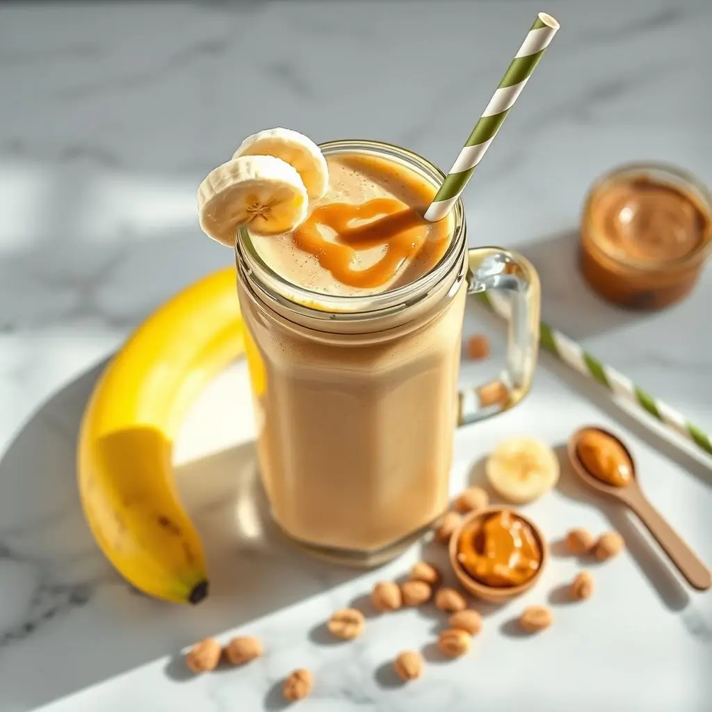 "Create a stunning overhead shot of a thick, creamy peanut butter banana smoothie in a tall glass mason jar, garnished with a banana slice on the rim and a drizzle of peanut butter on top. The smoothie has a rich, golden-beige color. Surrounding the glass are fresh banana slices, a spoonful of peanut butter, scattered peanuts, and a striped paper straw. The background is a clean white marble countertop with soft natural lighting creating gentle shadows. The composition is bright, appetizing, and Instagram-worthy with a modern, clean aesthetic."