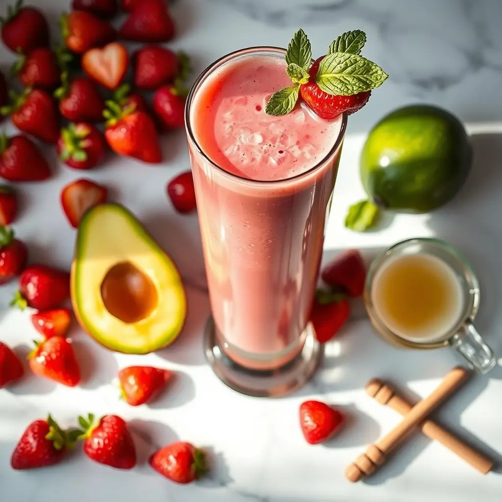 "Strawberry avocado smoothie in tall glass with fresh ingredients on marble countertop - strawberries, avocado, lime, honey, and milk for healthy breakfast recipe"