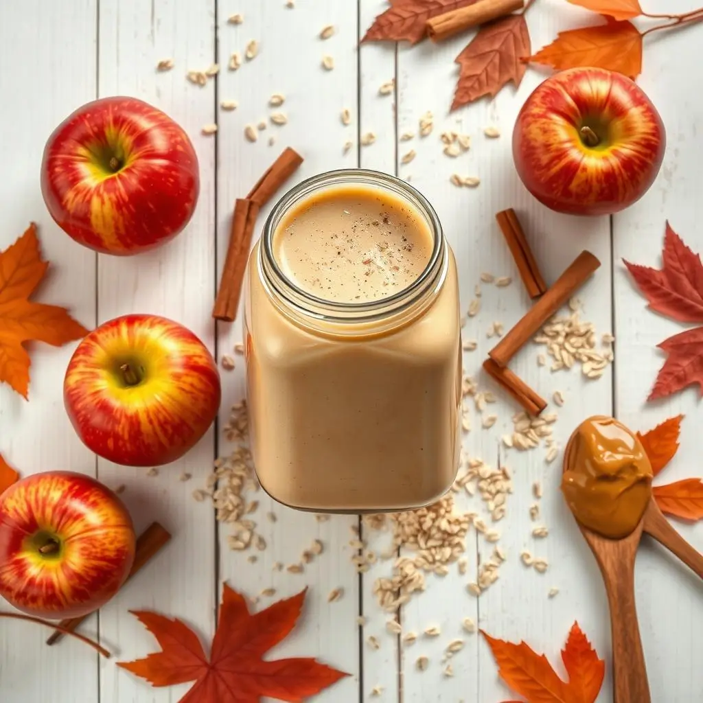 "Creamy apple cinnamon smoothie in mason jar surrounded by fresh ingredients and autumn leaves"