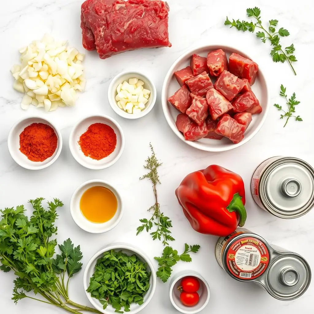 "Beef goulash ingredients including stewing beef, paprika, and fresh vegetables for slow cooker recipe"