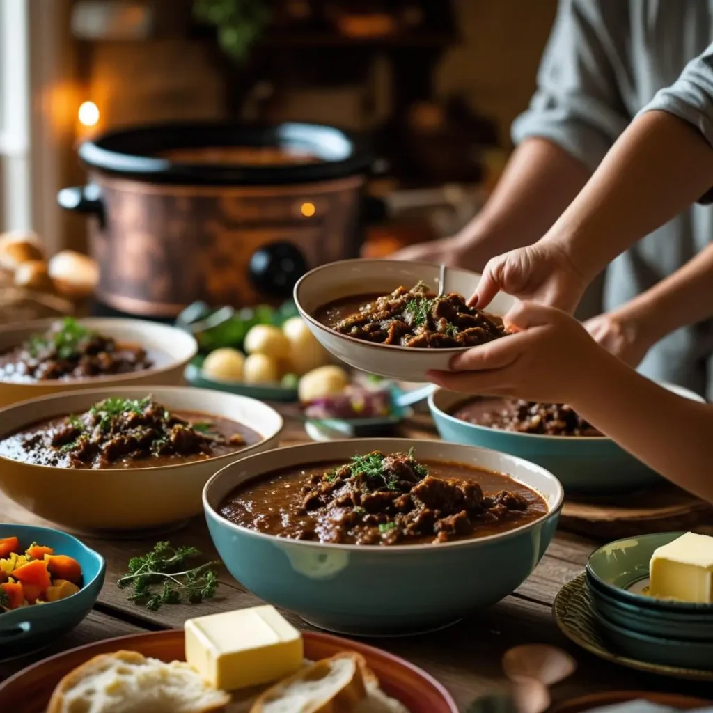 "Family-friendly beef goulash dinner made in slow cooker - perfect weeknight meal solution"