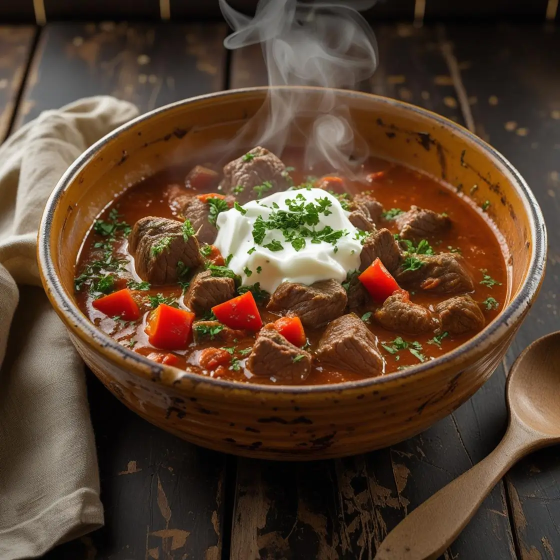 "Easy beef goulash recipe with tender beef chunks and bell peppers in rich Hungarian-style sauce"