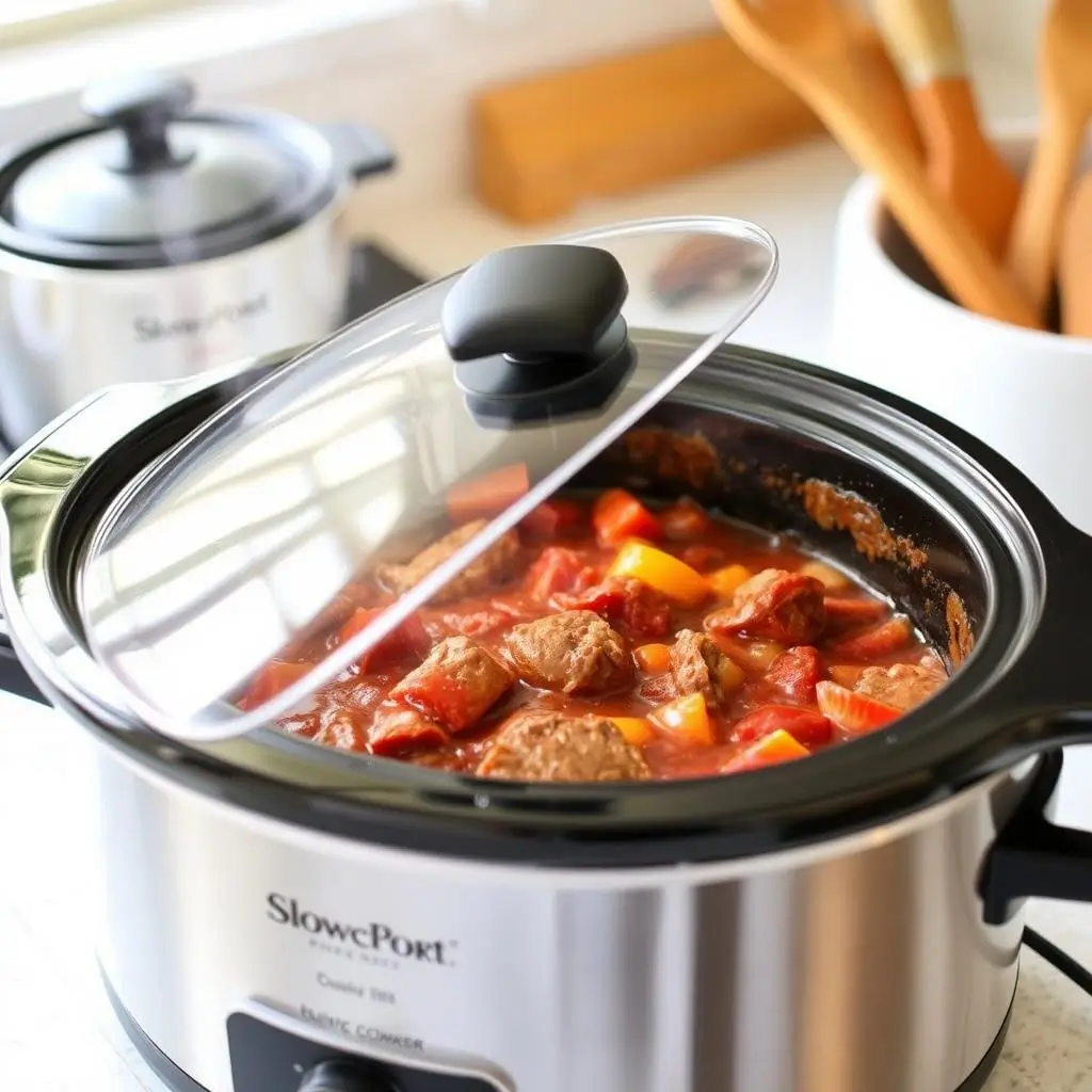 "Beef goulash cooking process in slow cooker showing rich paprika sauce and tender meat"