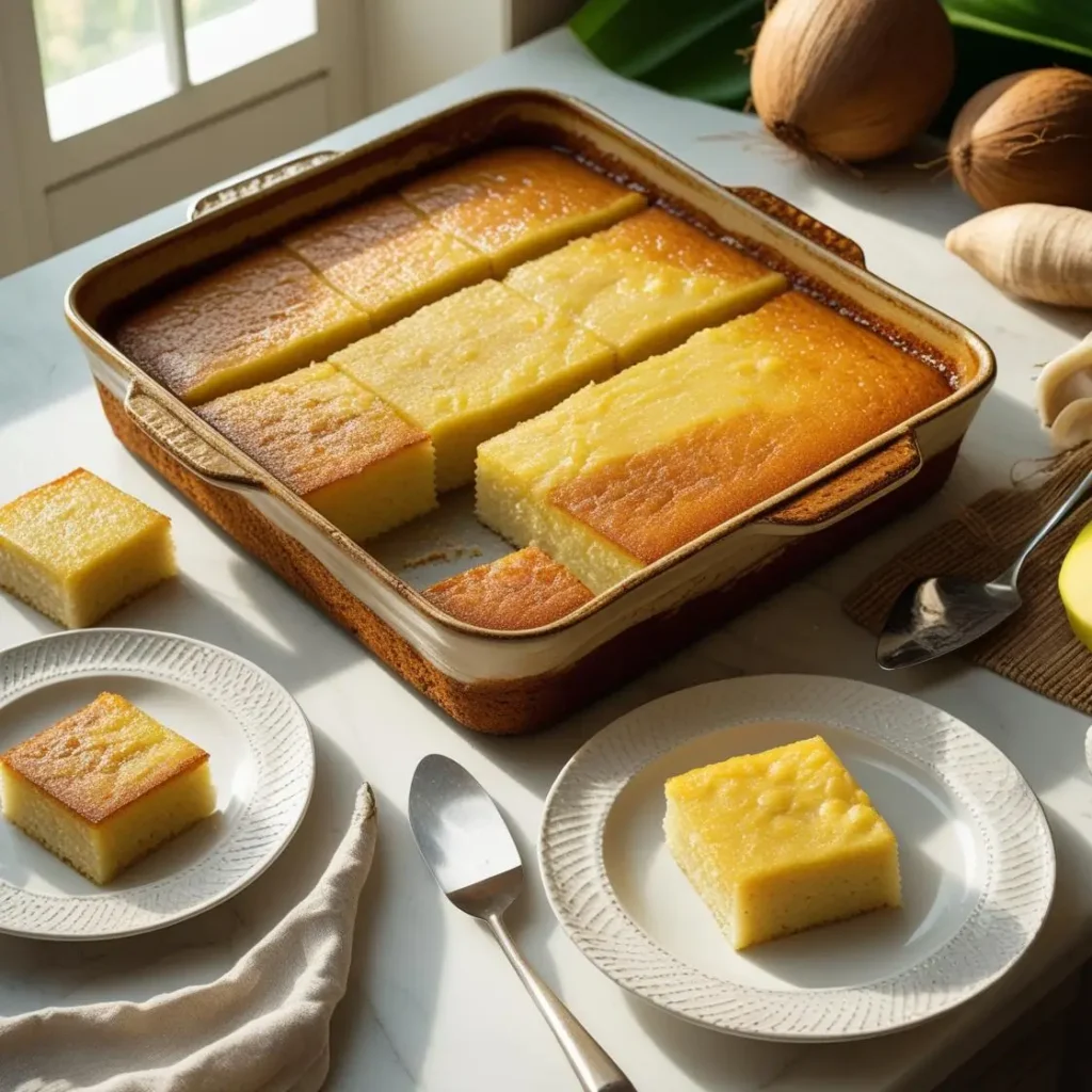 "Golden Filipino cassava cake with custard topping cut into squares in ceramic baking dish"