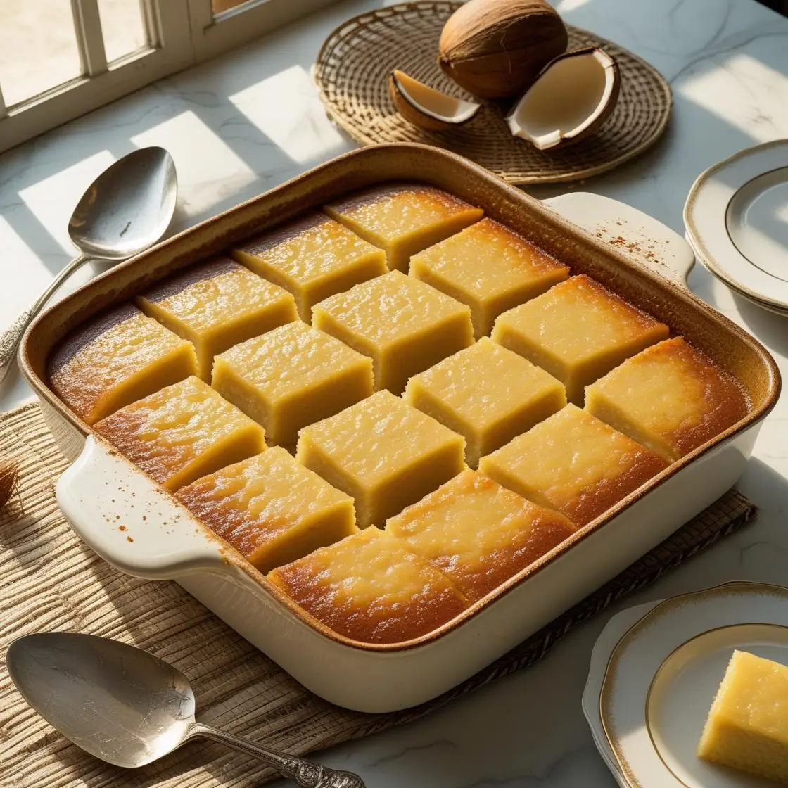 "Golden Filipino cassava cake with custard topping cut into squares in ceramic baking dish"