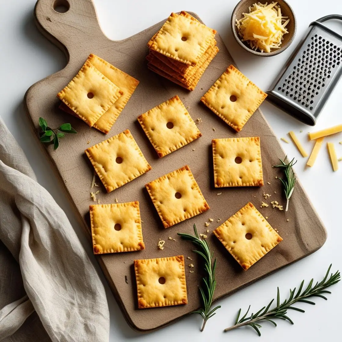 A stunning overhead flat lay perfect for the main blog header, featuring the finished crackers with props and ingredients