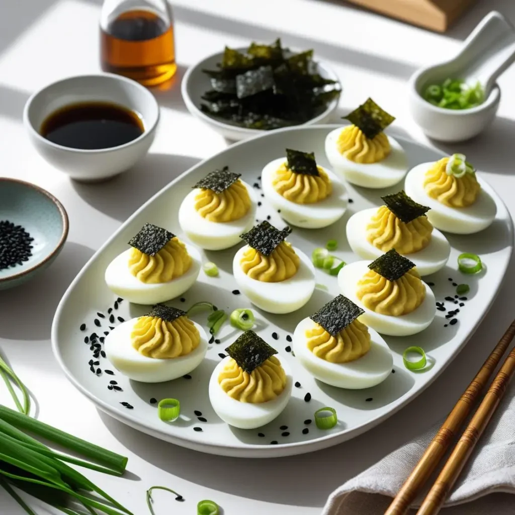 "Korean sesame-soy deviled eggs with roasted seaweed and black sesame seeds on white platter"