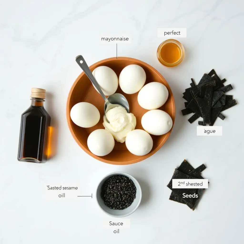 "Ingredients for Korean deviled eggs including eggs, soy sauce, sesame oil, and gim"
