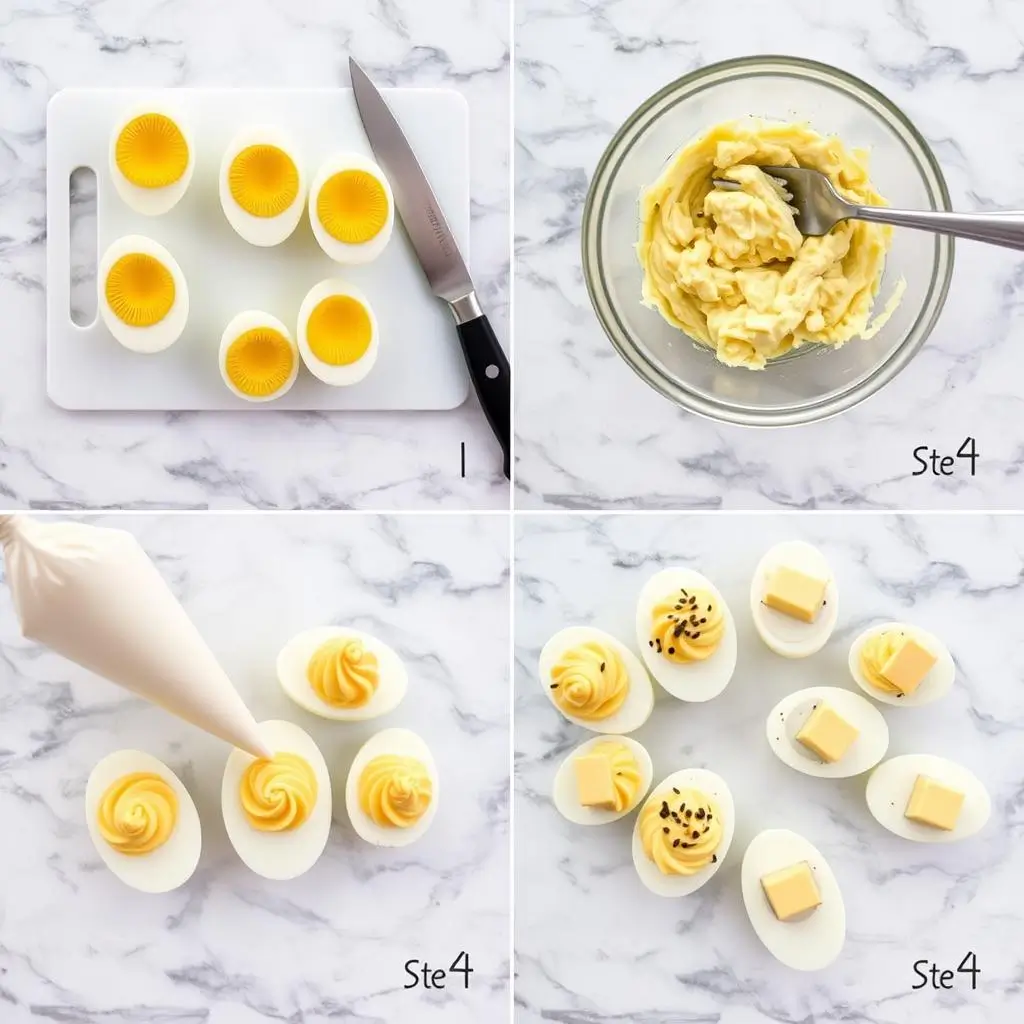 "Step-by-step process of making sesame-soy deviled eggs from cooking to garnishing"