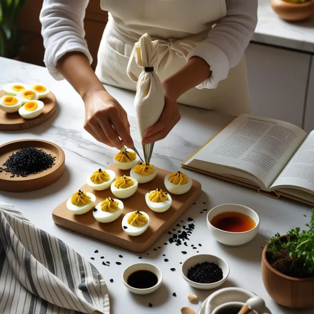 "Hands piping sesame-soy filling into deviled eggs during recipe preparation"