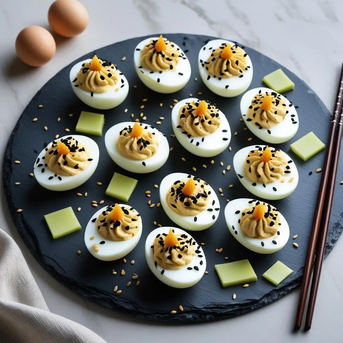 "Korean sesame-soy deviled eggs with roasted seaweed and black sesame seeds on white platter"