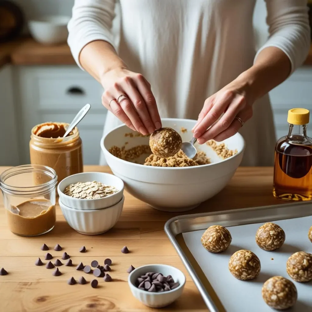 "Hands forming energy balls in family kitchen with ingredients"