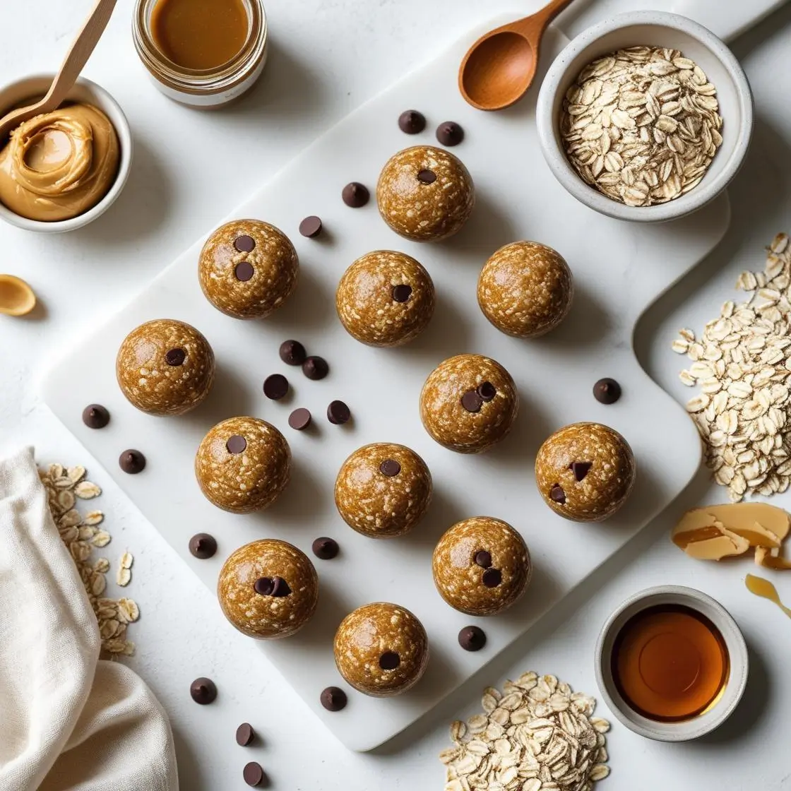 "Homemade 5-ingredient energy balls with oats and chocolate chips arranged on marble board"