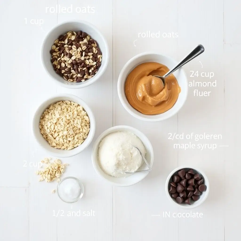"Five main ingredients for energy balls recipe measured in bowls"
