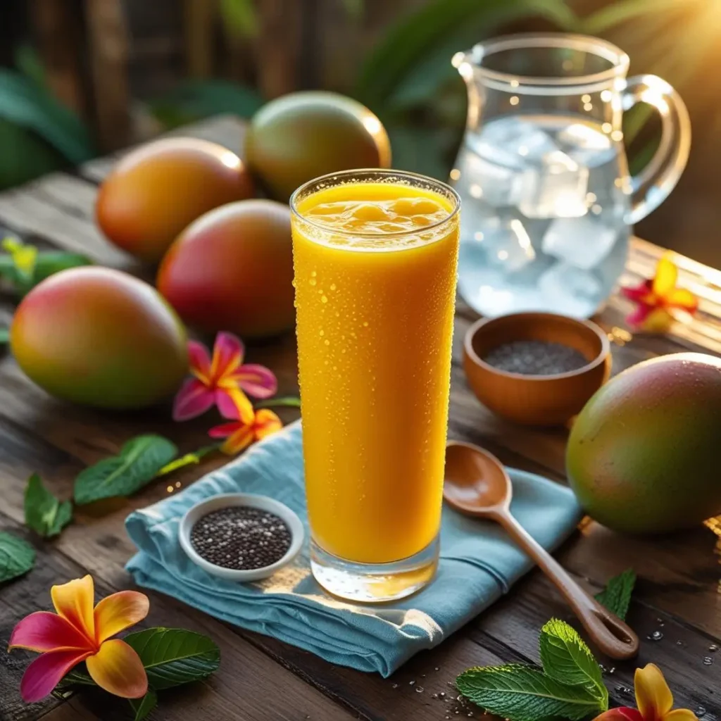 "Fresh homemade mango juice in glass with ripe mangoes and tropical ingredients on wooden table"