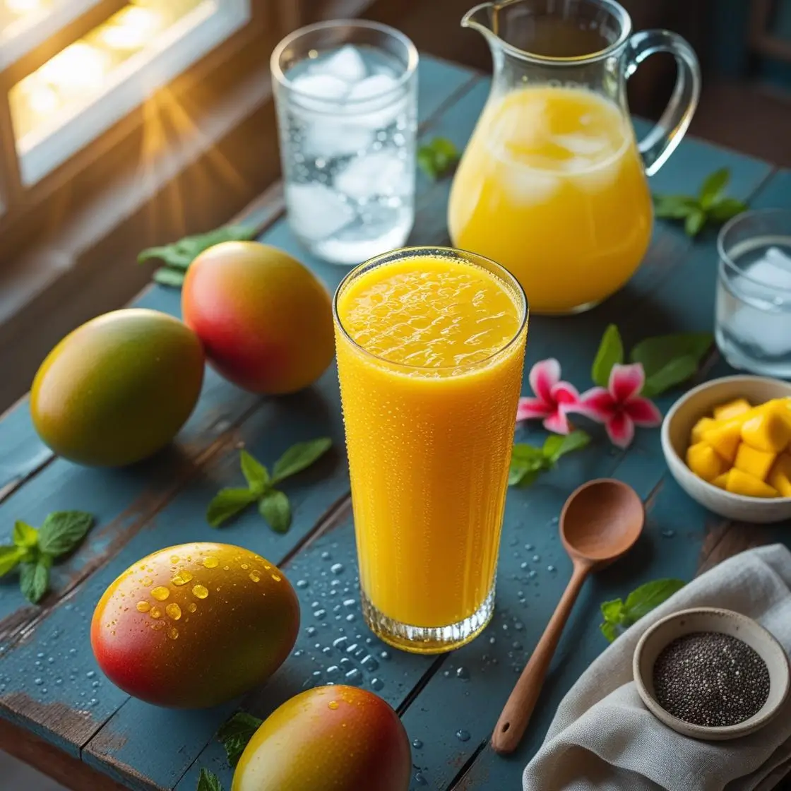 "Person making healthy mango juice in modern kitchen with fresh ingredients and blender"