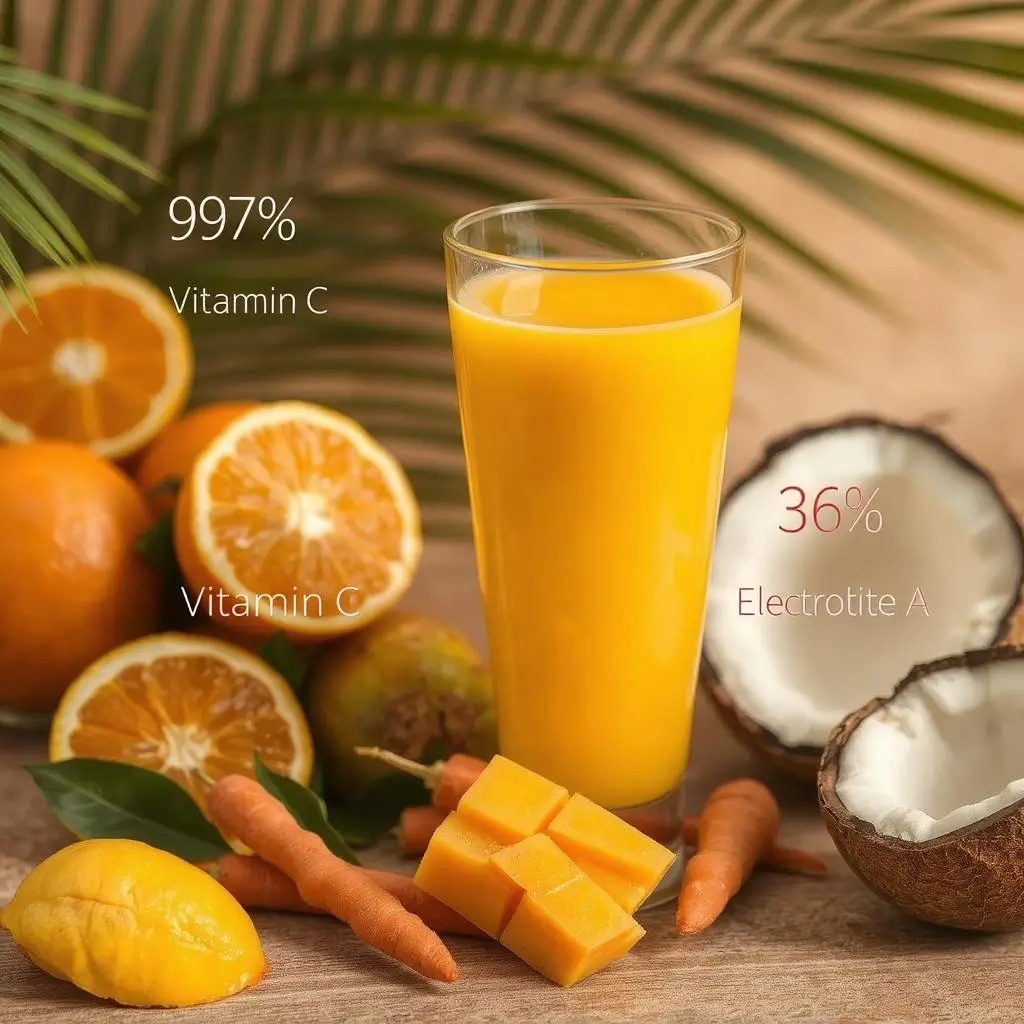 "Mango juice nutrition facts and health benefits visualization with vitamin information"