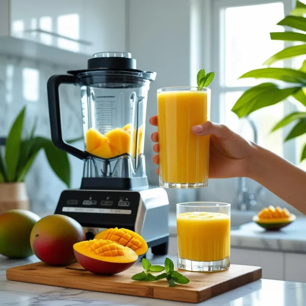 "Step-by-step mango juice recipe preparation showing ingredients and process"