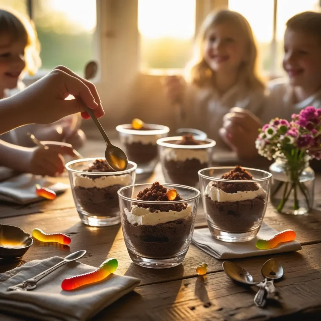 "Individual servings of dirt cake with gummy worms in small cups"
