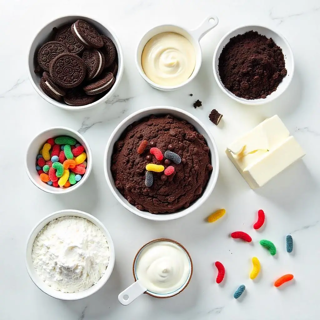 "Ingredients for homemade Oreo dirt cake recipe laid out on counter"